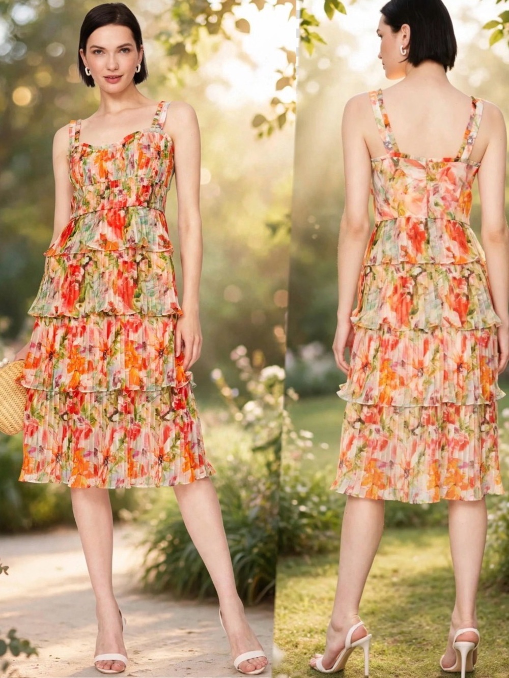 Marchesa Notte Orange Floral Midi Dress
Floral Tiered Ruffle Midi  size 8.